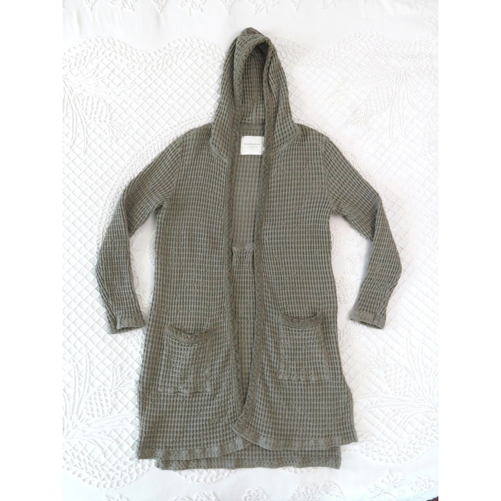 Mododoc Womens Waffle Knit Cotton Hooded Long Cardigan Open Front Large Grey